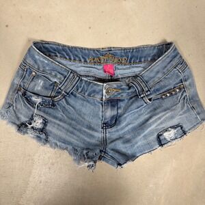 Almost Famous Womens Distressed Denim short Shorts Studded Rhinestone Size 7